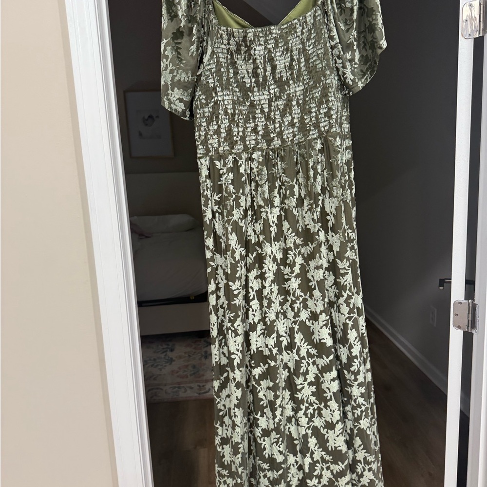 Baltic Born Olive Green Floral Maxi Dress with Smocked Bodice